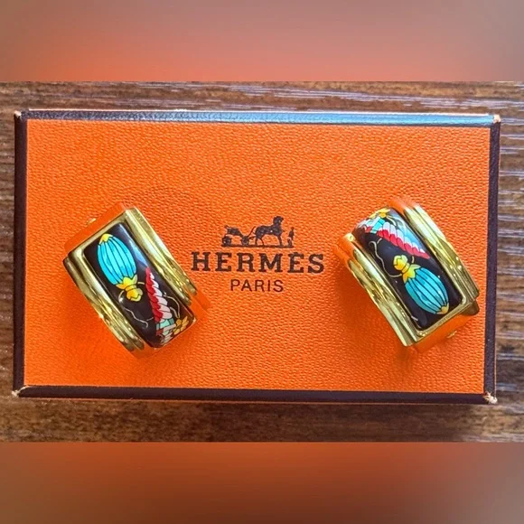 HERMES Cloisonne portrait enamel Clip on earrings w/ box - Picture 2 of 6